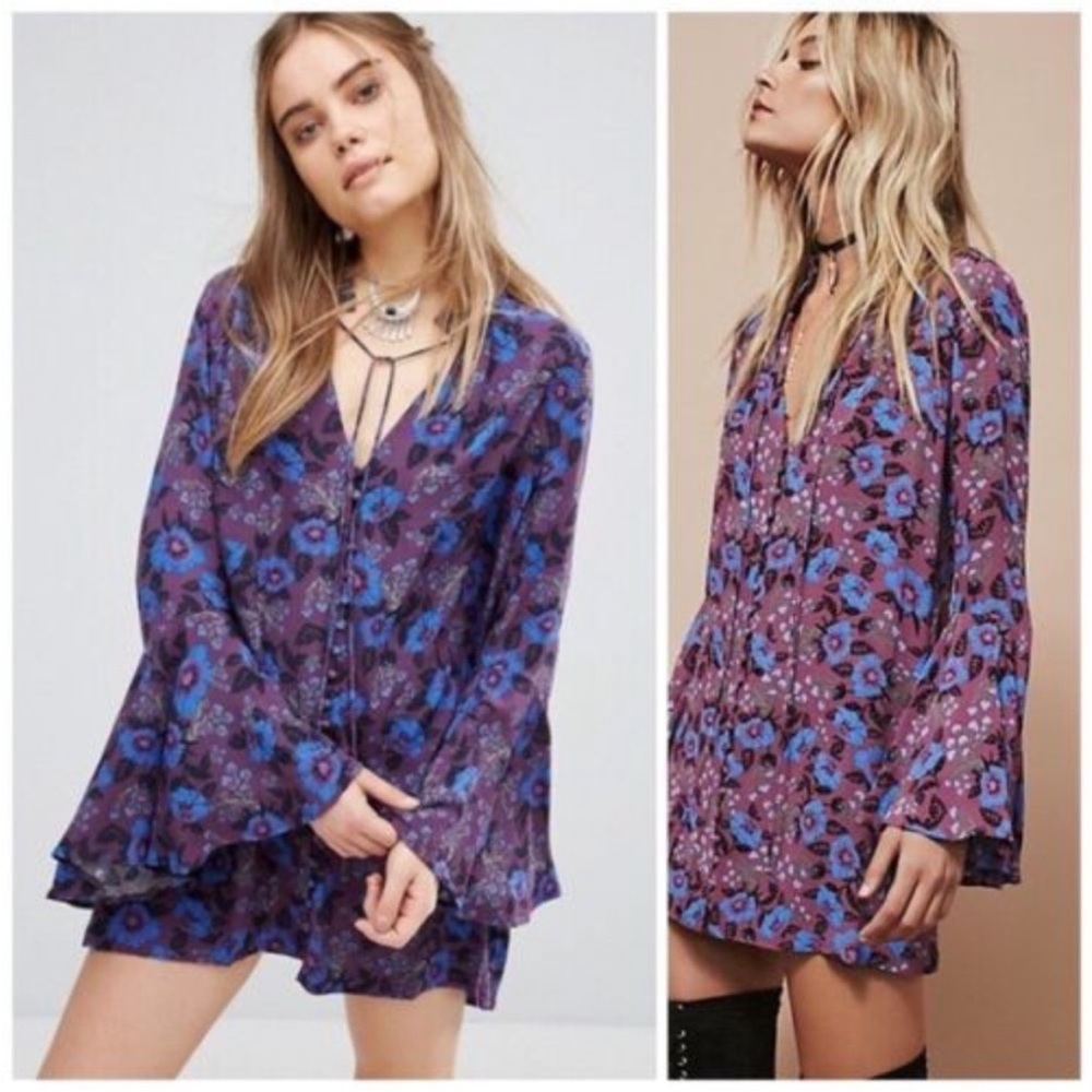 FREE PEOPLE Purple Floral Boho Magic Mystery Tunic Size S Flowy Top Shirt Casual